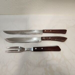 Vintage Regent‎ Sherwood Knife Cutlery 3 PC 8" Blade Serrated Wood Handle Steel